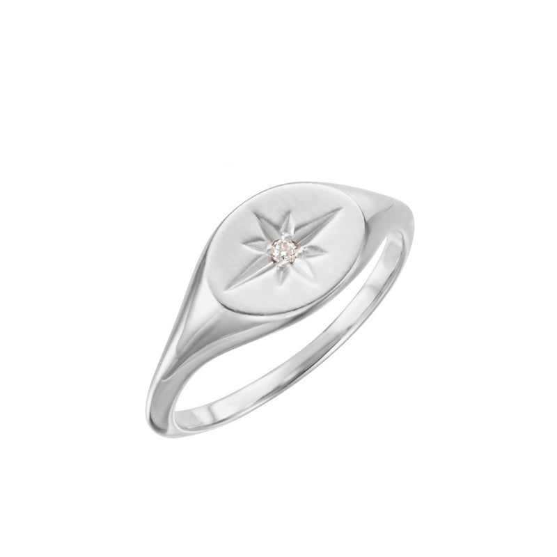 Solid 14K White Gold Diamond Signet Ring