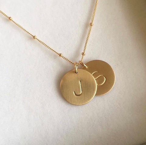 Gold Initial Necklace With Two Discs On Curb Chain