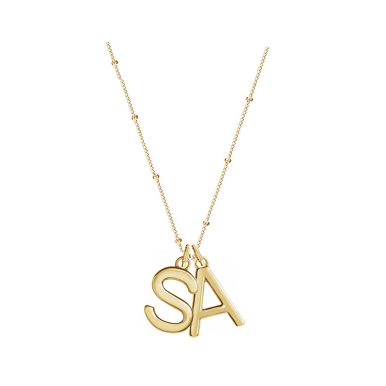 Solid Gold Mini Love Letter Necklace On Curb Chain- Two Charms